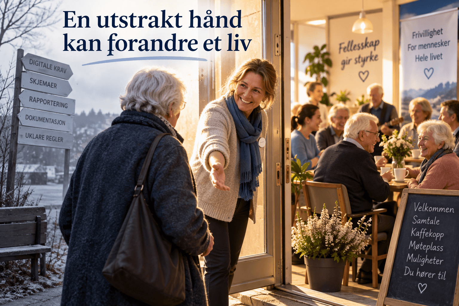 En smilende kvinne strekker ut hånden og ønsker en eldre kvinne velkommen inn i et varmt og hyggelig fellesskap.
